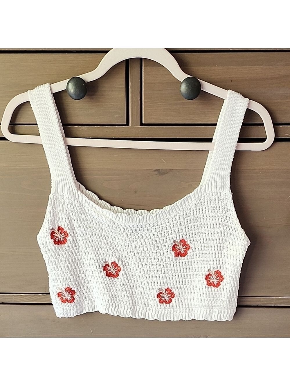 White Floral Knit Crop Top
